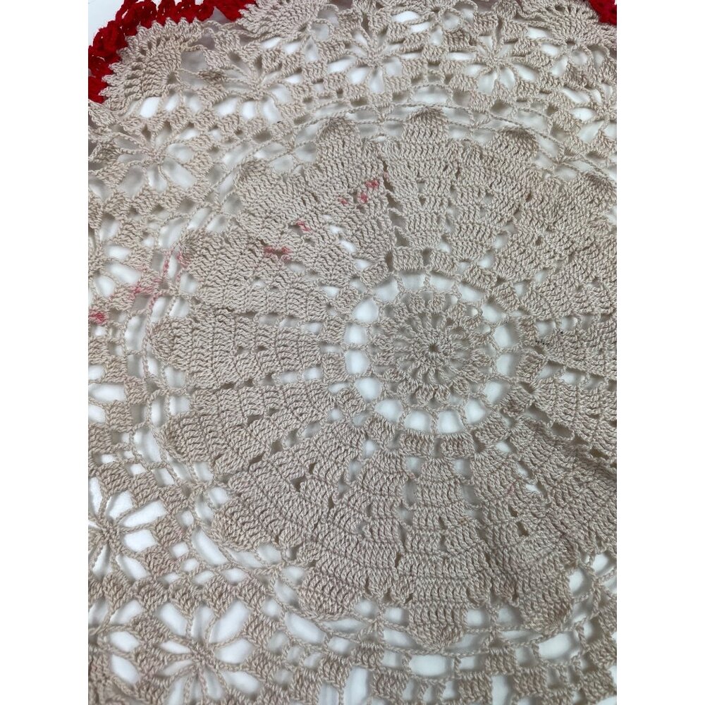 Handmade Crochet Doily Beige Center With Red Edging 11" Round Tabletop Decor - Picture 4 of 8